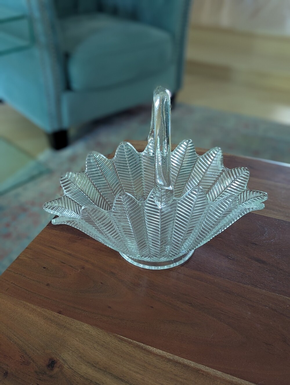 Vintage Art Pressed Glass Clear Feather Fern Basket Handle 40s 50s 60s MCM